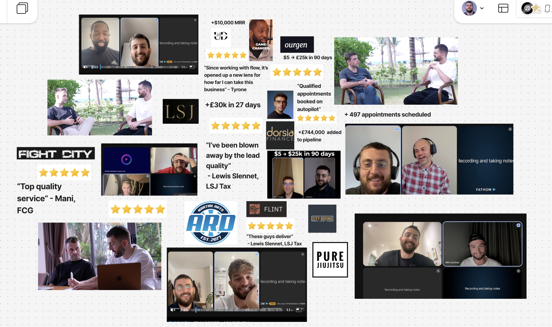 Wall of testimonials, screenshots and results from flow-close clients